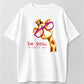 Cartoon Giraffe with Exaggerated Pink Frame Glasses Print, Crew Neck, Short Sleeves