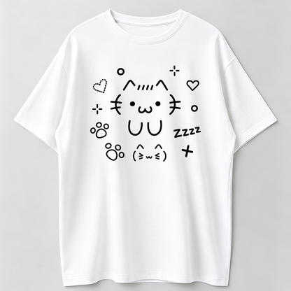 Round Neck, Breathable, Cute Cat Text Print, Black Line Art, Kawaii Manga Loose Fit Top
