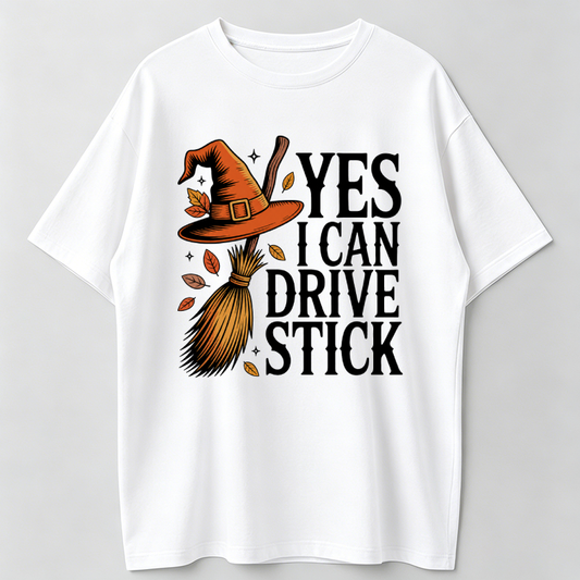Yes I Can Drive Stick Funny Witch Halloween Graphic T-Shirt