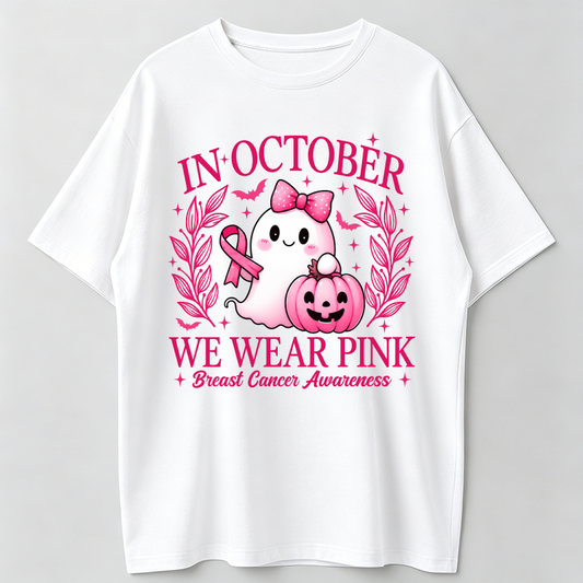 In October We Wear Pink Shirt, Retro Breast Cancer Awareness Shirt, Halloween Pink Ghost , Breast Cancer Halloween Unisex