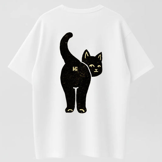 "Hi" Black Cat Vintage Graphic T-Shirt - 100% Cotton Heavyweight