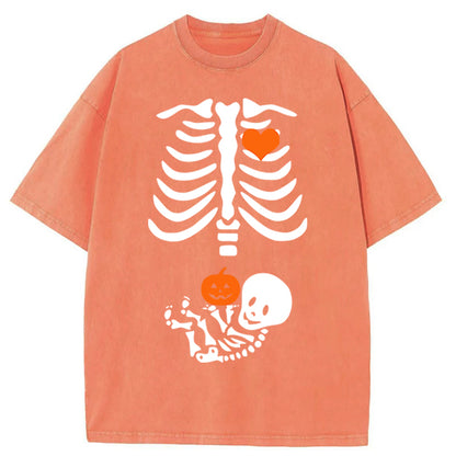 Skeleton Halloween Maternity Pregnancy Announcement Fall Mom Washed Cotton T-Shirt