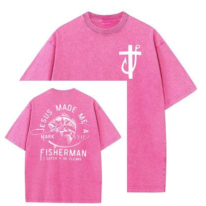 Jesus Made Me A Fisherman Pattern Washing And Aging Process Crew Neck T-Shirt