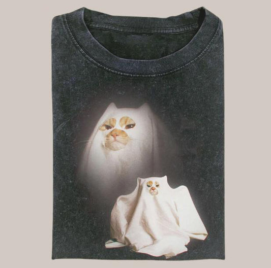 Retro Funny Vintage Ghost Kitten Cat Meme 100% Cotton T-Shirt