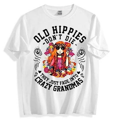 Women's Casual T-Shirt - ‘Old Hippies Are Not Dead’ White T-Shirt with Floral and Peace Sign, Machine Washable, Hippie Clothing