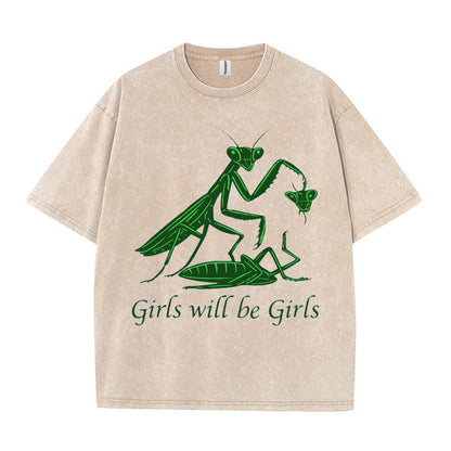 Urbntees Girls Will Be Girls Praying Mantis Vintage Washed Organic Cotton Unisex T-Shirt