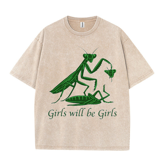 Urbntees Girls Will Be Girls Praying Mantis Vintage Washed Organic Cotton Unisex T-Shirt