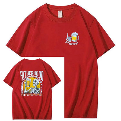 Fatherhood Skull And Beer Pattern Print Cotton T-Shirt
