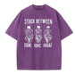 Stuck Between IDK IDC And IDGAF Skeleton Squatting On The Toilet Pattern Crew Neck T-Shirt