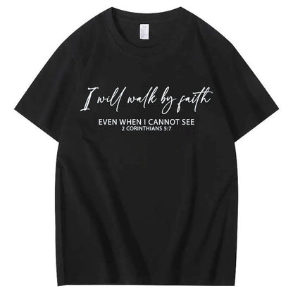 T-shirt med rund hals og I Will Walk By Faith-print