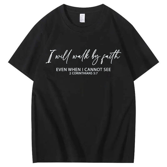 T-shirt med rund hals og I Will Walk By Faith-print