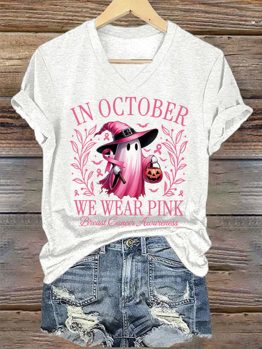 Women's In October We Wear Pink Halloween Ghost Breast Cancer Awareness Warrior V-Neck Tee