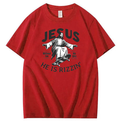 Jesus He is Rizzin' Funny Pattern Print Crew Neck T-Shirt