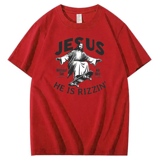 Jesus He is Rizzin' Funny Pattern Print Crew Neck T-Shirt