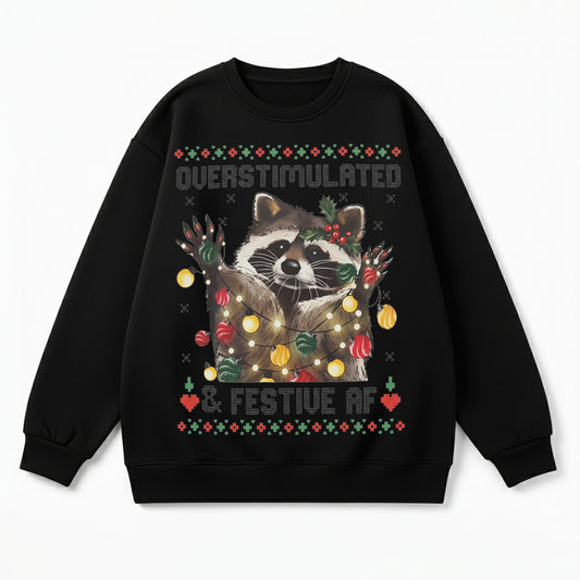 Raccoon Tangled in Christmas Lights Graphic Sweatshirt