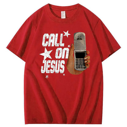 Sjov T-shirt med 100% bomuldsprint og et "kald til Jesus"-mønster