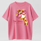 Cartoon Giraffe with Exaggerated Pink Frame Glasses Print, Crew Neck, Short Sleeves