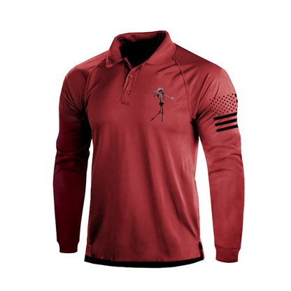 Skull Print Raglan Long Sleeve Polo Shirt
