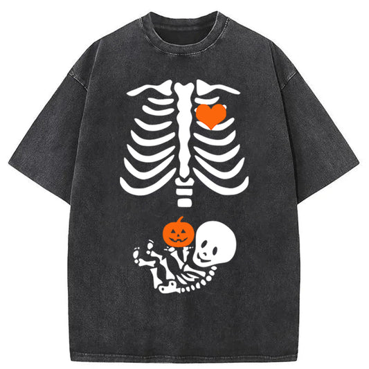 Skeleton Halloween Maternity Pregnancy Announcement Fall Mom Washed Cotton T-Shirt