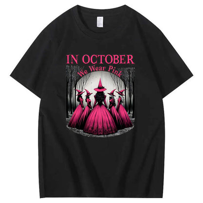 In October We Wear Pink Witch Pattern100% Cotton T-Shirt