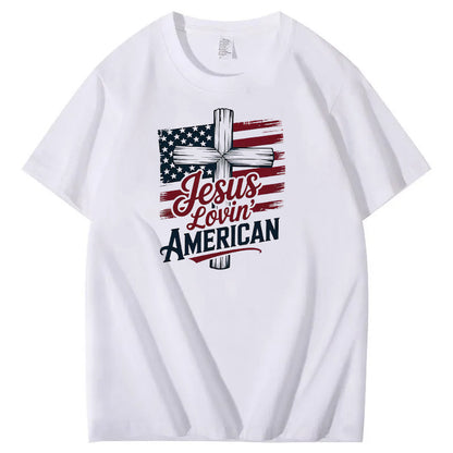 Jesus Lovin' America Pattern Print 100%Cotton T-Shirt