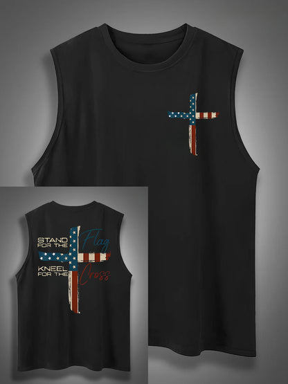 Stand For The Flag Kneel For The Cross 4th Of July Print Cotton Sleeveless Tank Tops