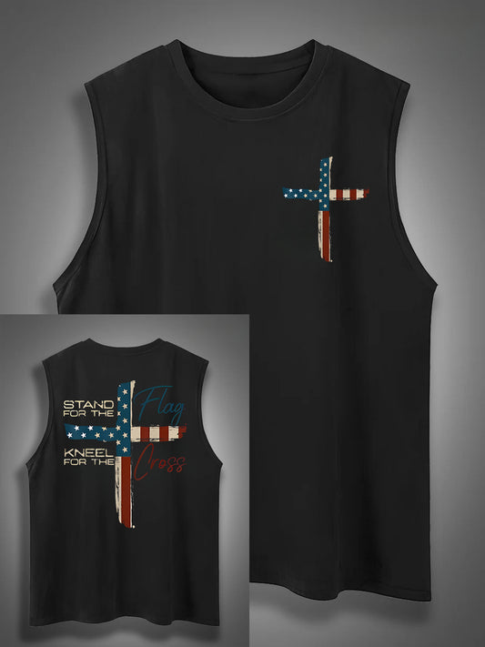 Stand For The Flag Kneel For The Cross 4th Of July Print Cotton Sleeveless Tank Tops