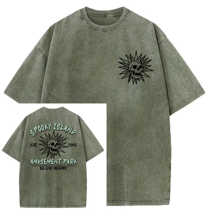 Spooky Island Cartoon Halloween Washed Cotton T-Shirt