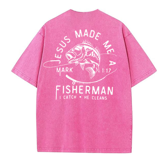 Jesus Made Me A Fisherman Pattern Washing And Aging Process Crew Neck T-Shirt