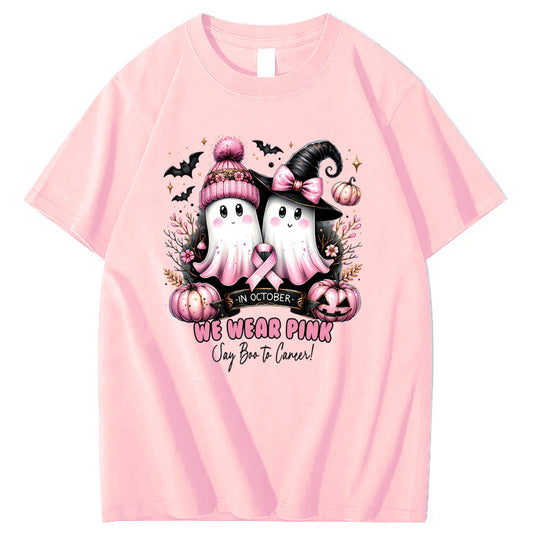 In October We Wear Pink Say Boo To Cancer Pattern100% Cotton T-Shirt