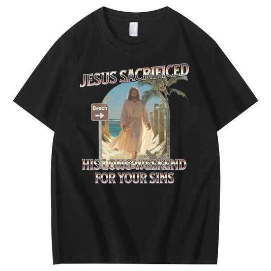 Jesus Sacrifice  Hislong  Weekend  For Your Sins Pattern Print Crew Neck T-Shirt