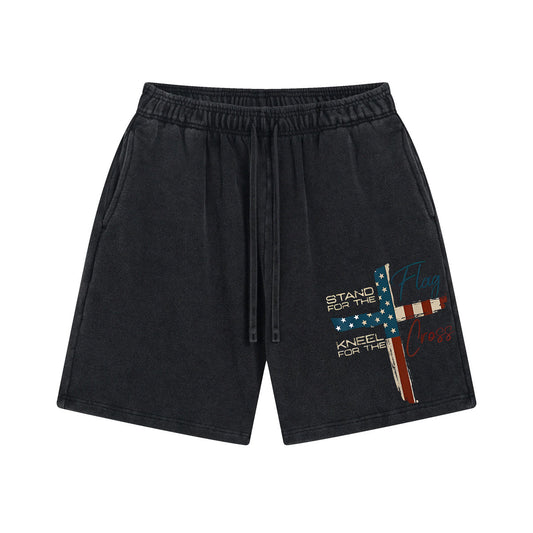 Stand For The Flag Kneel For The Cross 4th Of July Print Washed Shorts Pants