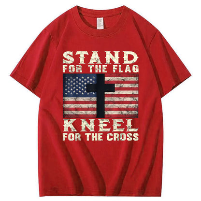 Stand For The Flag Kneel For The Cross Pattern Print 100%Cotton T-Shirt