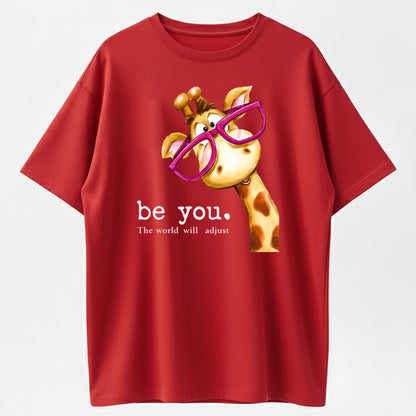 Cartoon Giraffe with Exaggerated Pink Frame Glasses Print, Crew Neck, Short Sleeves