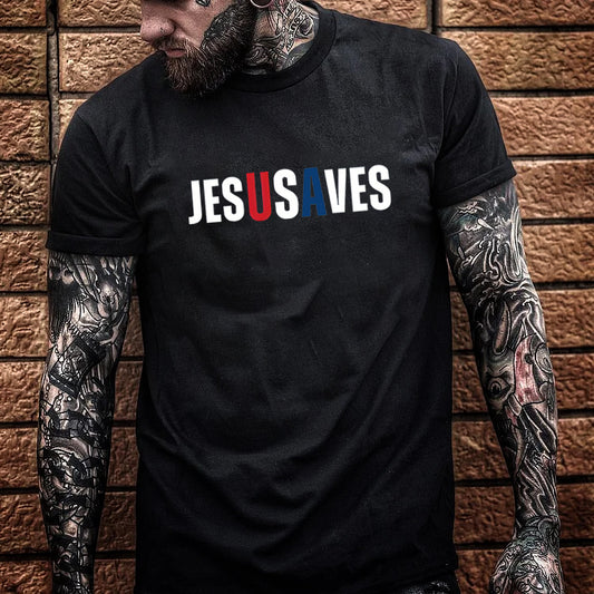 Jesus Saves Usa Pattern Print 100%Cotton T-Shirt