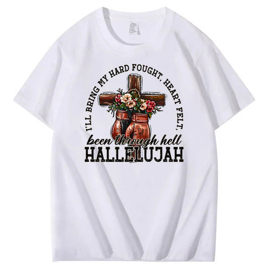 Been Through Hell HALLELUJAH Pattern Print Crew Neck T-Shirt