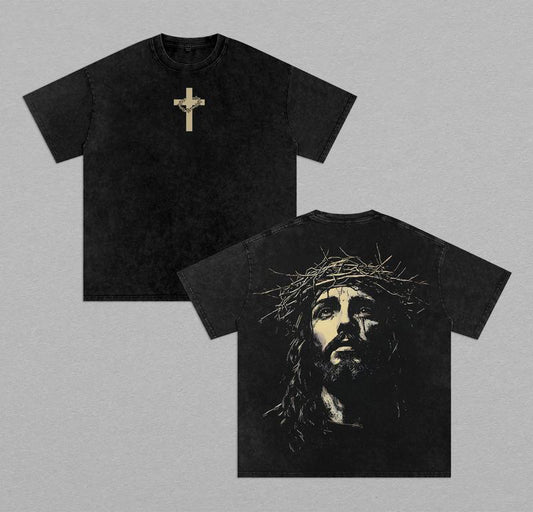 Jesus Crown of Thorns Retro Washed Cotton T-Shirt
