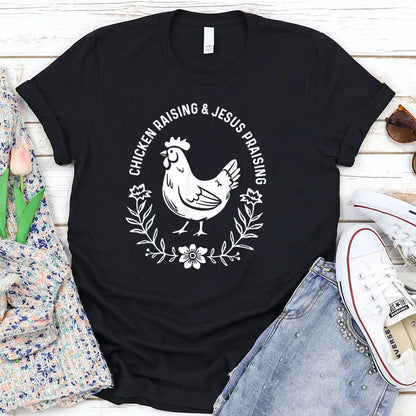 Chicken Raising&Jesus Parising Pattern Round-Neck T-Shirt
