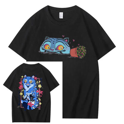 Blå tiger & fågel Rolig T-shirt i 100% bomull