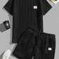 Men's Solid Textured Patched Tee & Drawstring Waist Shorts Set, Regular Fit Casual Round Neck Short Sleeve T-shirt & Pocket Shorts, Men's Summer Clothes, Casual Outfit Set