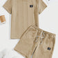 Men's Solid Textured Patched Tee & Drawstring Waist Shorts Set, Regular Fit Casual Round Neck Short Sleeve T-shirt & Pocket Shorts, Men's Summer Clothes, Casual Outfit Set