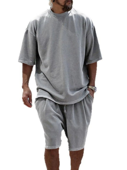 Men's Summer Casual Set, Pure Color Round Neck Short Sleeve Knit Tee & Shorts