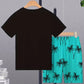 Men's Summer Vacation Tropical Coconut Tree Print Round Neck Pullover T-Shirt + Drawstring Shorts Set, Casual Loose Fit Two-Piece