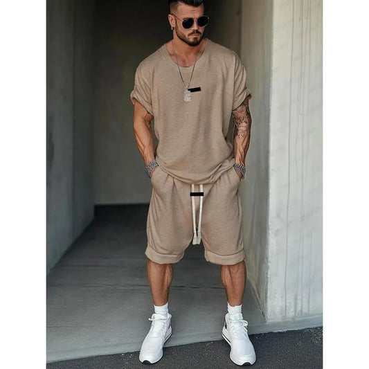 Athleisure Fusion T-Shirt Shorts Set Street Style Cotton Men's Regular Fit Below the Knee Crew Neck Drop Shoulder Casual Minimalist Summer Clothes