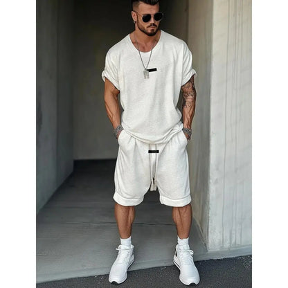 Athleisure Fusion T-Shirt Shorts Set Street Style Cotton Men's Regular Fit Below the Knee Crew Neck Drop Shoulder Casual Minimalist Summer Clothes