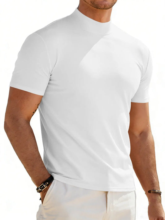 Men's Summer Solid Color Short Sleeve Fashion Tee, High Neck Slim Fit T-Shirt for Gym Casual Wear