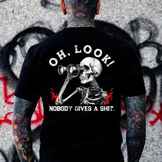 100% cotton men’s T-shirt suitable for all seasons, featuring a satirical skull design with the slogan ‘Oh look! Who cares?’, with a unique design