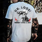 100% cotton men’s T-shirt suitable for all seasons, featuring a satirical skull design with the slogan ‘Oh look! Who cares?’, with a unique design