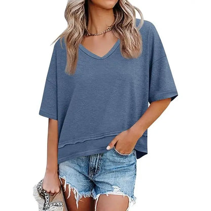 Women's Summer V Neck T Shirts Casual Short Sleeve Flowy Tops Cute Loose Fit Basic Tees Premium Blend Fabric Flattering V Neckline