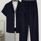 Men's Plain Textured Loungewear Set, Casual Button-Down Shirt & Elastic-Waist Pants (excludes T-shirt and necklace)